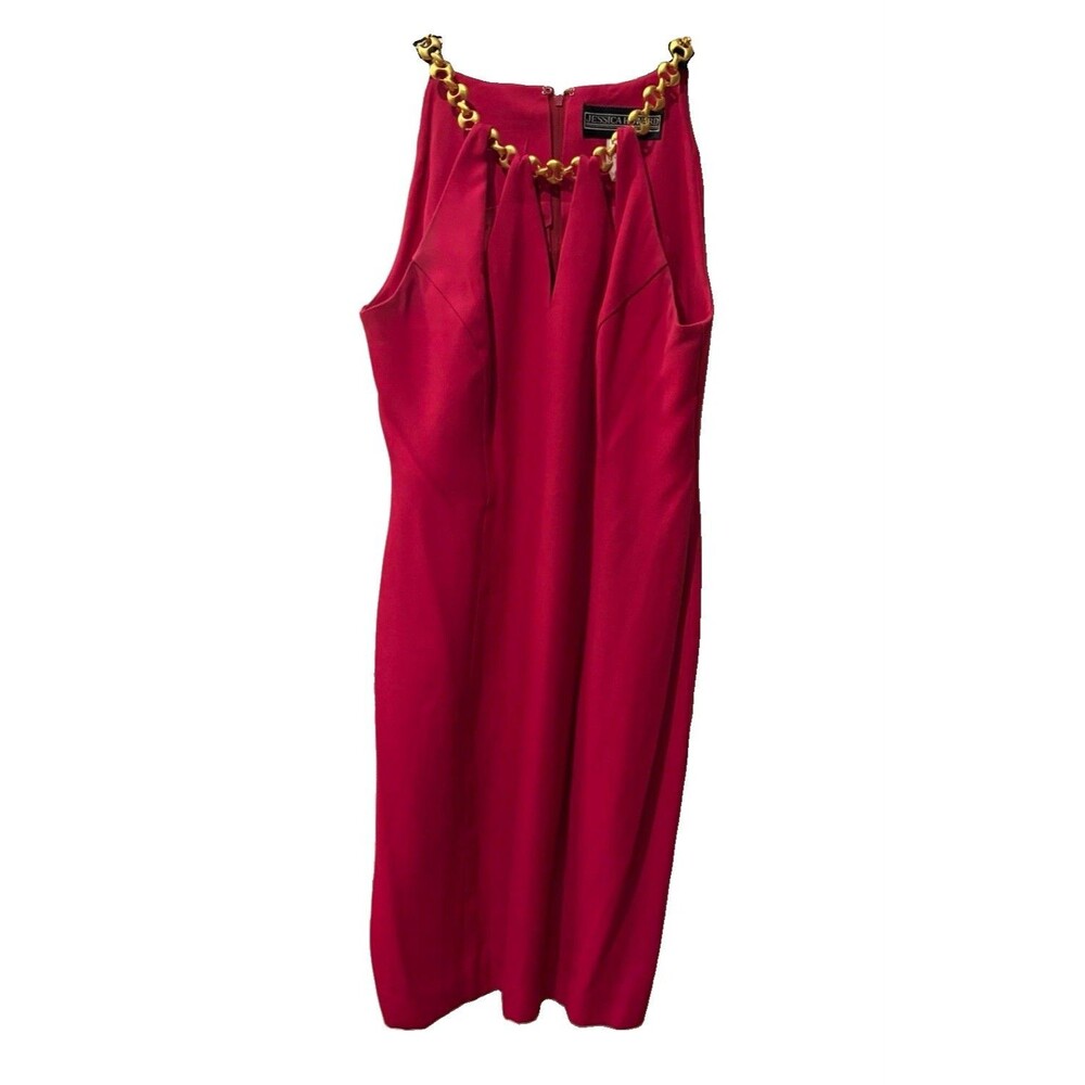 Vintage Jessica Howard Pink Sleeveless V-Neck Chain Accent Crepe Maxi Dress S 6